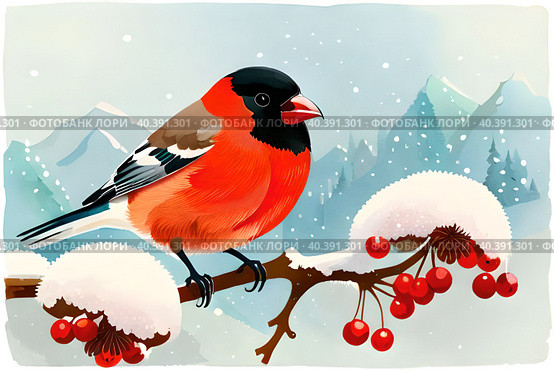 Снегирь на ветке рябины (Pyrrhula pyrrhula). Акварель. The drawing was created using AI. Стоковое AI-изображение, AI-художник Щеголева Ольга / Фотобанк Лори