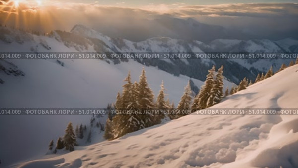 Snow-covered mountain landscape featuring tall trees and drifting clouds in a serene winter setting. Стоковое AI-видео, аниматор Данила Большаков / Фотобанк Лори