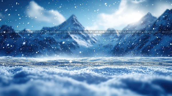 Snow falls gently over rugged mountains, enveloping the landscape in a tranquil winter scene under bright daylight. Стоковое AI-изображение, AI-художник Данила Большаков / Фотобанк Лори