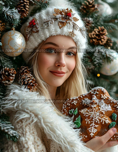 Snow Maiden with a Christmas gingerbread in her hands. New Year's decor. Festive atmosphere of the New Year. Стоковое AI-изображение, AI-художник Сергей Елизарьев / Фотобанк Лори