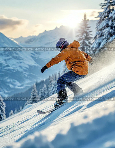 Snowboarding is a winter sport that involves sliding down snowy mountain slopes or performing acrobatic tricks on a specially designed board. Стоковое AI-изображение, AI-художник Сергей Елизарьев / Фотобанк Лори