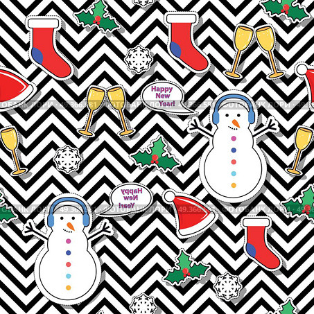Snowman, Sock, Speech Bubble, Mistletoe, Snowflake. Snowman, socks, speech bubble, mistletoe, snowflakes, champagne glasses seamless pattern on abstract background. Christmas elements in cartoon style. New Year wallpaper design endless texture. Vector. Стоковая иллюстрация, агентство Ingram Publishing / Фотобанк Лори