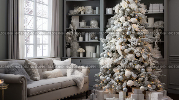 snowy flocked christmas tree ai generated. Стоковое AI-изображение, AI-художник Vectorwin / Фотобанк Лори