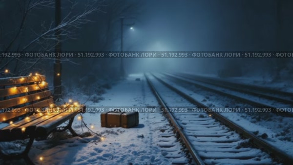 Snowy train station scene with illuminated bench and suitcase in a misty winter atmosphere. Стоковое AI-видео, аниматор Данил Руденко / Фотобанк Лори