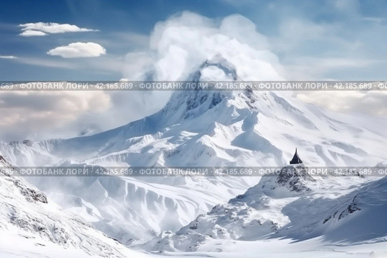 Snowy white peaks rise against the clear blue winter sky,Generative AI. Стоковое AI-изображение, AI-художник Анна Кривицкая / Фотобанк Лори