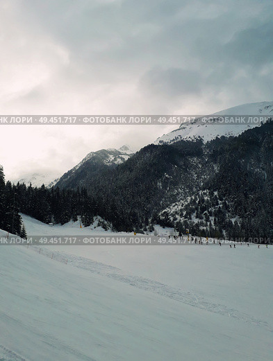 Snowy winter mountains at Bansko, Bulgaria, nature background with fir trees and cloudy sky. Стоковое фото, агентство Ingram Publishing / Фотобанк Лори