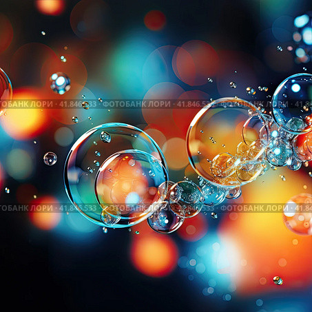 Soap bubbles on a background of bright unfocused colors. Generated by AI. Стоковое AI-изображение, AI-художник Ярославский Максим / Фотобанк Лори