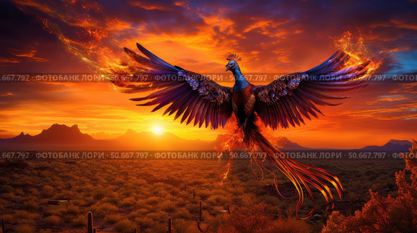 soaring fire bird phoenix ai generated. Стоковое AI-изображение, AI-художник Vectorwin / Фотобанк Лори