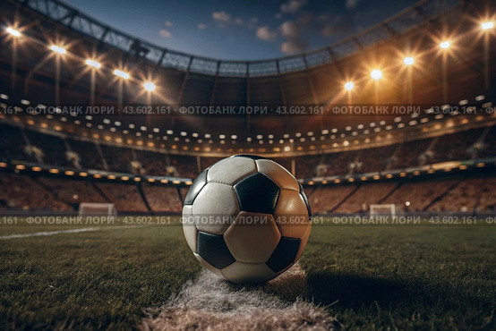 Soccer ball on the green field in soccer stadium. ready for game in the midfield. Стоковое AI-изображение, AI-художник Photojuli / Фотобанк Лори