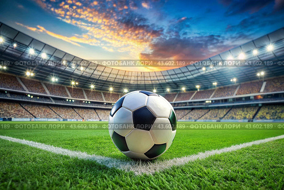 Soccer ball on the green field in soccer stadium. ready for game in the midfield. Стоковое AI-изображение, AI-художник Photojuli / Фотобанк Лори