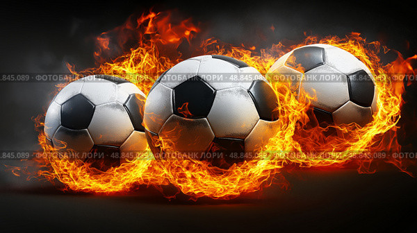 Soccer balls engulfed in flames create dynamic energy and excitement. Футбольные мячи, охваченные пламенем, создают динамическую энергию и возбуждение. Стоковое AI-изображение, AI-художник Katsiaryna Repich / Фотобанк Лори