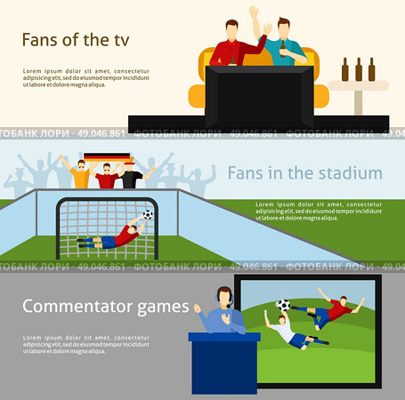 Soccer fans 2 flat banners set. Soccer world cup tv spectators and fans at the stadium flat banners set abstract isolated vector illustration. Стоковая иллюстрация, агентство Ingram Publishing / Фотобанк Лори