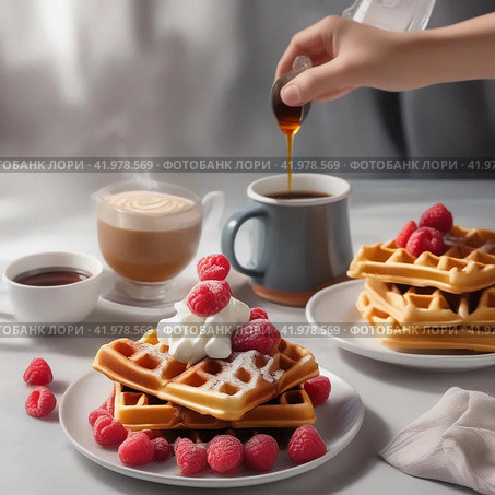 Сoffee waffles whipped cream raspberries. Натюрморт со сладким - чашечки кофе, вафли, взбитые сливки, малина. Стоковое AI-изображение, AI-художник Казума / Фотобанк Лори