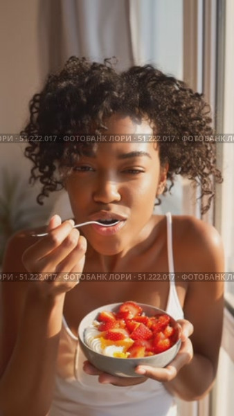 Soft morning sunlight highlighting woman enjoying yogurt bowl with ripe strawberries, embodying peaceful breakfast moment. Стоковое AI-видео, аниматор Юрий Поздников / Фотобанк Лори