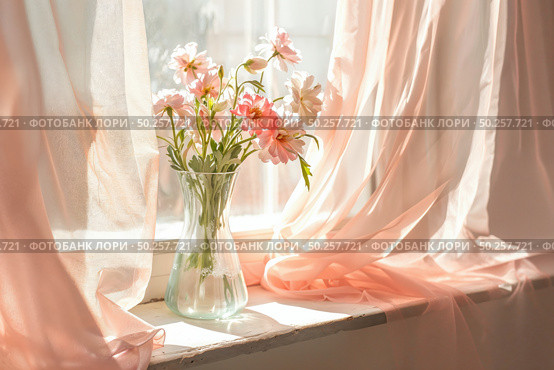 Soft Pastel Floral Arrangement in Glass Vase on Sunny Window Sill. Стоковое AI-изображение, AI-художник Александра Конопля / Фотобанк Лори