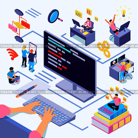 Software developers during coding composition with creative decisions algorithmic complexity documentation by programming languages isometric vector illustration. Стоковая иллюстрация, агентство Ingram Publishing / Фотобанк Лори