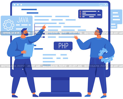 Software engineers working with computer program creation. Web design and development, programming and coding website or app. Programmer, developer, HTML, PHP, JS, CSS, Java Script, languages. Software engineers working with computer program creation, programming, web design and coding. Стоковая иллюстрация, агентство Ingram Publishing / Фотобанк Лори
