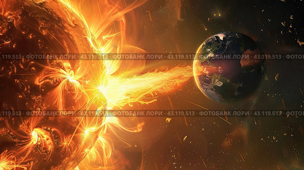 solar flare and planet earth, causes magnetic storms on Earth. Стоковое AI-изображение, AI-художник Ольга Ильина / Фотобанк Лори