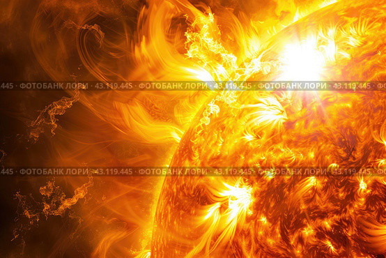Solar flare on the Sun, causes magnetic storms on Earth. Стоковое AI-изображение, AI-художник Ольга Ильина / Фотобанк Лори