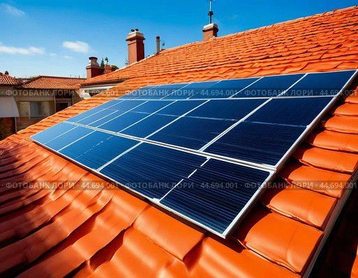 Solar monocrystalline battery on the roof of a private house in the countryside. Use of solar energy. Стоковое AI-изображение, AI-художник Сергей Елизарьев / Фотобанк Лори