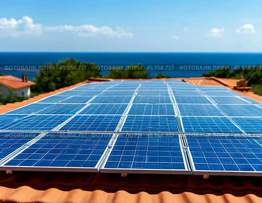 Solar monocrystalline battery on the roof of a private house in the countryside. Use of solar energy. Стоковое AI-изображение, AI-художник Сергей Елизарьев / Фотобанк Лори