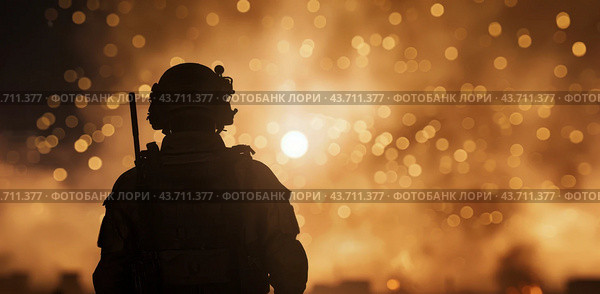 Soldier Standing Amidst Explosions. Стоковое AI-изображение, AI-художник Юлия Гапеенко / Фотобанк Лори