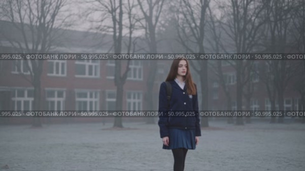 Solitary student walking empty schoolyard during misty winter morning, embodying introspective calm amid silent, frost covered surroundings. Стоковое AI-видео, аниматор Данил Руденко / Фотобанк Лори