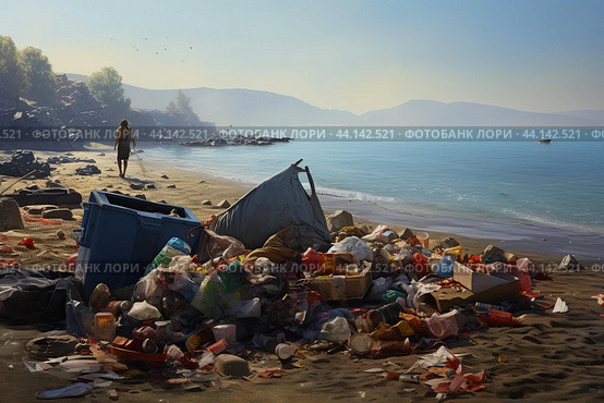 Solitude amidst pollution: person walking by littered beach landscape. Стоковое AI-изображение, AI-художник Иван Рябоконь / Фотобанк Лори