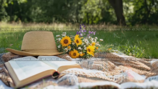 Солнечный пикник с книгой и шляпой на одеяле на цветущем лугу. Стоковое AI-видео, аниматор ФотоИнтеллект / Фотобанк Лори