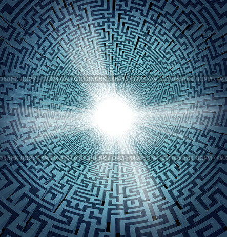 Solution from confusion with a three dimensional maze or labyrinth in perspective and a shinning white freedom hole opening as a concept of business or life success and overcoming obstacles and challenges. Стоковое фото, агентство Ingram Publishing / Фотобанк Лори