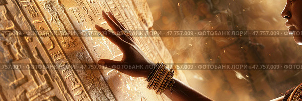 Someone gently touches ancient hieroglyphics in a dimly lit Egyptian site, illuminated by warm golden light. Стоковое AI-изображение, AI-художник Данила Большаков / Фотобанк Лори