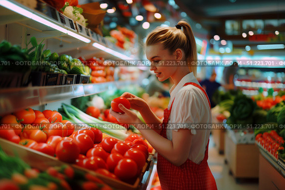 Сотрудница продуктового магазина раскладывает помидоры на полке. Стоковое AI-изображение, AI-художник Кирилл Сиротюк / Фотобанк Лори
