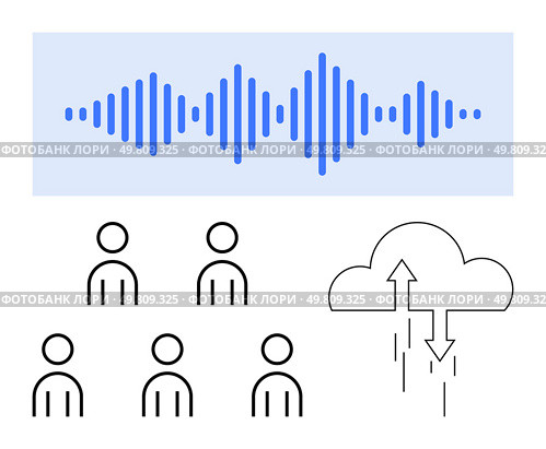 Sound wave in blue five user icons, and cloud with arrows. Ideal for digital communication, data sharing, networking, technology, cloud computing, teamwork, connection. Line metaphor. Sound Wave, User Icons, and Cloud Sync Highlighting Digital Communication and Data Sharing. Стоковая иллюстрация, агентство Ingram Publishing / Фотобанк Лори