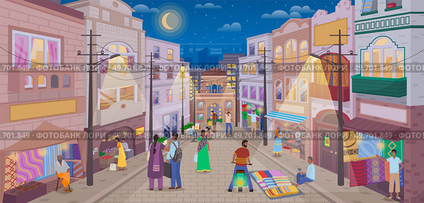 Southeast asian traditional bazaar, indian seller sell pottery, bowls and plates. Woman shopper at street market with authentic goods. Local trade. Indian merchant marketplace with handmade dishes. Southeast asian traditional bazaar, indian seller sell pottery, bowls and plates. Local trade. Стоковая иллюстрация, агентство Ingram Publishing / Фотобанк Лори