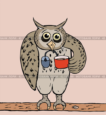Сова с красной кружкой / owl with red cup. Стоковая иллюстрация, иллюстратор Александр Паньков / Фотобанк Лори