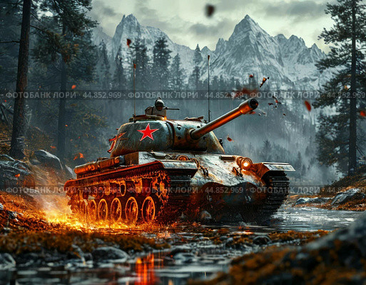 Soviet medium tank T-55, illustration. Стоковое AI-изображение, AI-художник Сергей Елизарьев / Фотобанк Лори