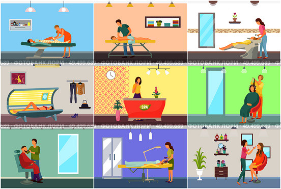 Spa salon pedicure and barber shop procedures vector set. Receptionist on reception, massage and masseur, tanning process and cosmetician, hair styling. Spa Salon Pedicure and Barber Vector Posters Set. Стоковая иллюстрация, агентство Ingram Publishing / Фотобанк Лори
