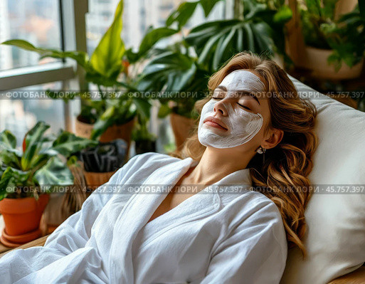 Spa treatments for the face, peeling face mask, skin care. Young woman with cream mask on her face. Close-up. Стоковое AI-изображение, AI-художник Сергей Елизарьев / Фотобанк Лори