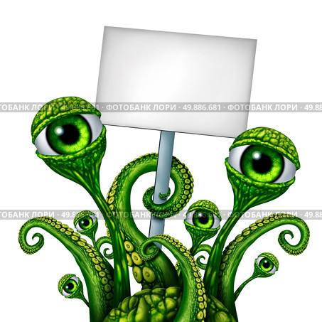 Space Alien Creature from outer space or a mutant holding a blank sign as a green creepy UFO icon presenting a message as a fantasy science fiction symbol. Стоковое фото, агентство Ingram Publishing / Фотобанк Лори