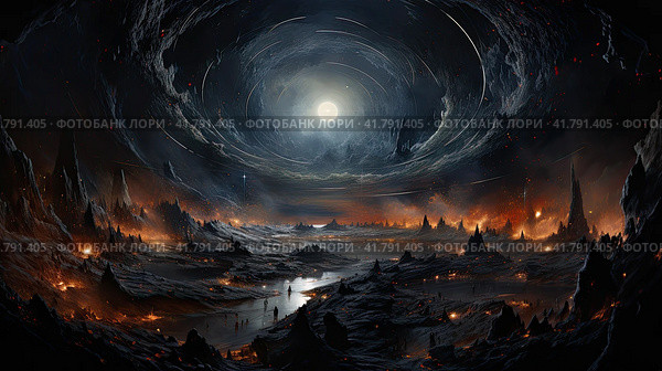 Space futuristic landscape with a black planet in the sky. Generated by AI. Стоковое AI-изображение, AI-художник Ярославский Максим / Фотобанк Лори