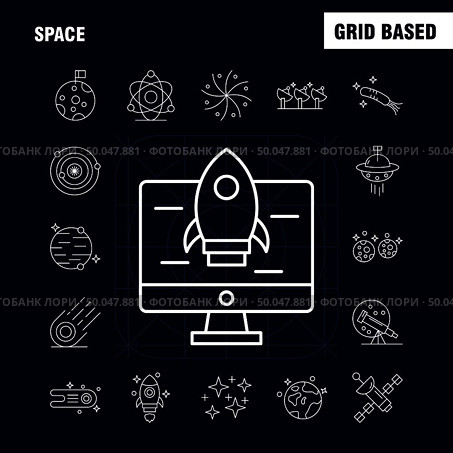 Space Line Icons Set For Infographics, Mobile UX/UI Kit And Print Design. Include: Rocket, Space, Transportation, Moon, Planet, Space, Spaceship, Telescope, Icon Set - Vector. Стоковая иллюстрация, агентство Ingram Publishing / Фотобанк Лори