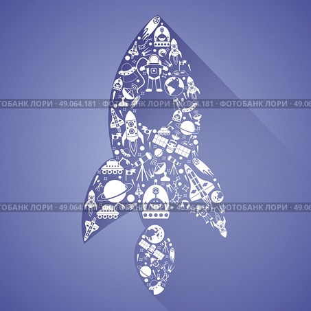 Space Rocket Illustration. Space rocket spacecraft made of white cosmos science technology icons set vector illustration. Стоковая иллюстрация, агентство Ingram Publishing / Фотобанк Лори