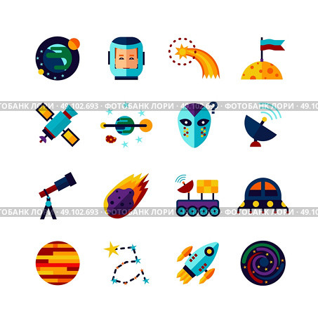Space Symbols Flat Icons Set. Space symbols Flat Icons Collection with planets cosmonaut spacecraft alien and comet abstract isolated vector illustration. Стоковая иллюстрация, агентство Ingram Publishing / Фотобанк Лори