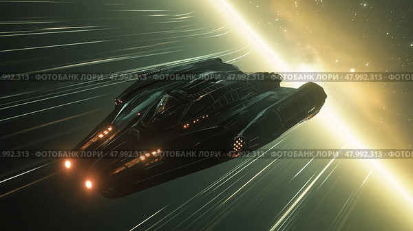 Spaceship navigating through colorful light trails in a cosmic interstellar travel. Стоковое AI-изображение, AI-художник Михаил Коханчиков / Фотобанк Лори