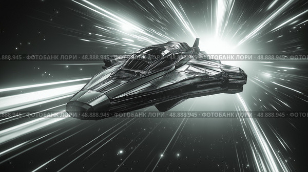 Spaceship navigating through colorful light trails in a cosmic interstellar travel. Стоковое AI-изображение, AI-художник Михаил Коханчиков / Фотобанк Лори
