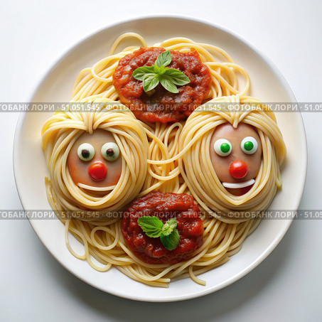 Spaghetti Faces With Tomato Sauce. Generative AI. Стоковое AI-изображение, AI-художник Roman Zavorotny / Фотобанк Лори