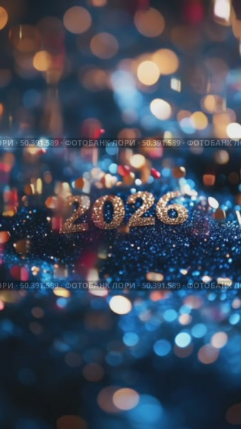 Sparkling 2026 Highlights Celebration Atmosphere With Shimmering Blue Tones and Festive Decorations. Стоковое AI-видео, аниматор Юлия Гапеенко / Фотобанк Лори
