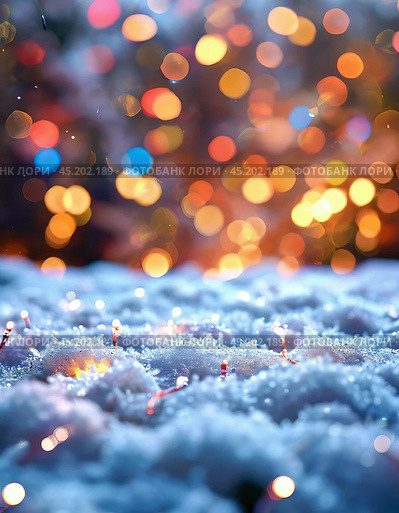 Sparkling fallen snow against the background of multi-colored lights. Festive atmosphere of the New Year. New Year's background for creativity. Стоковое AI-изображение, AI-художник Сергей Елизарьев / Фотобанк Лори