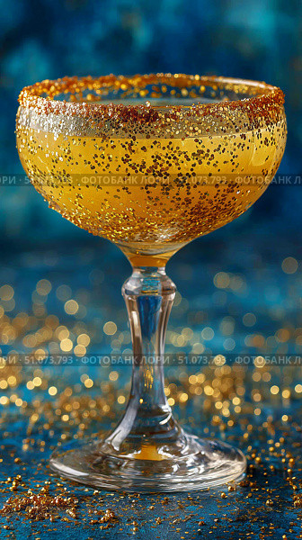 Sparkling Golden Cocktail With Glimmering Garnishments at a Celebratory Gathering. Стоковое AI-изображение, AI-художник Юлия Гапеенко / Фотобанк Лори