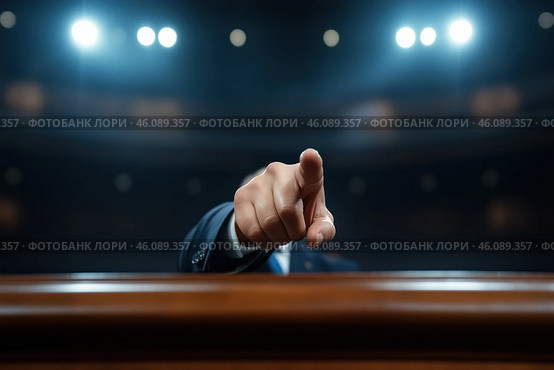 Speaker pointing with finger at camera during public speech. Стоковое AI-изображение, AI-художник Евгений Харитонов / Фотобанк Лори